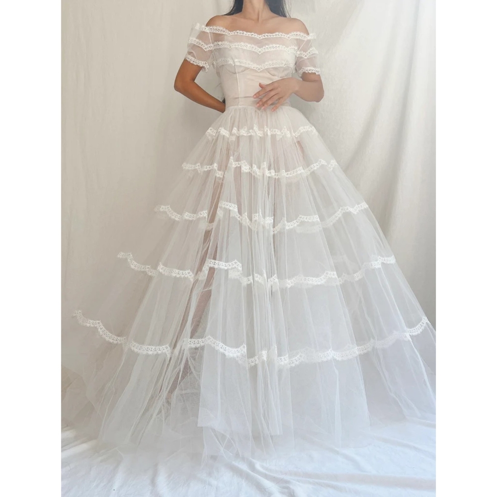 Elegant White Sheer Lace Off-Shoulder Dress